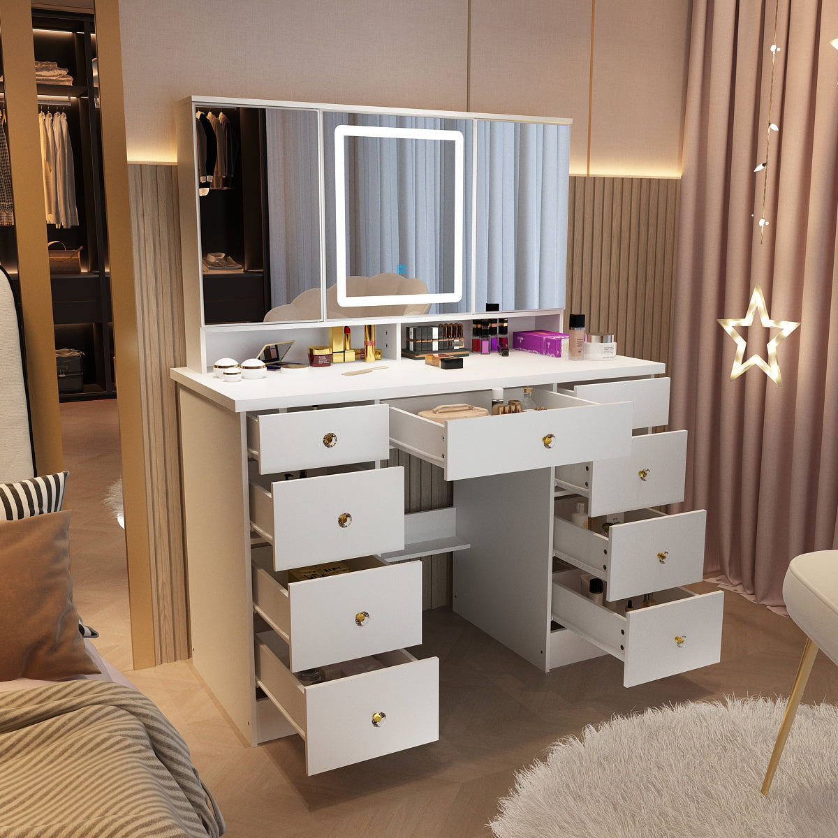 OxyLife Vanity Desk with Mirror and Lights, 9 Piece, LED Light and Storage Table Set, White/Grey