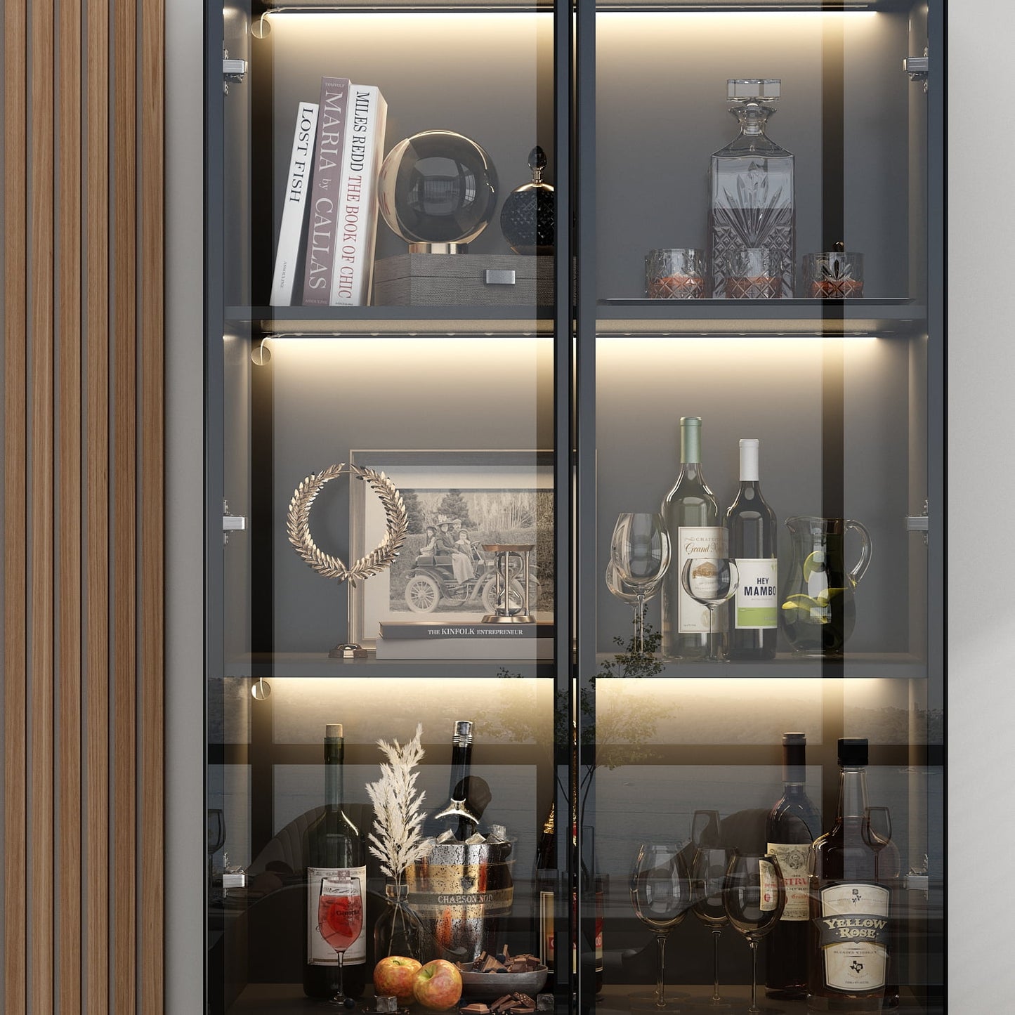 OXYLIFE Bookcase Display Cabinet with Lights, Pop-up Glass Doors, 2 Drawers and 4 Shelves, Black