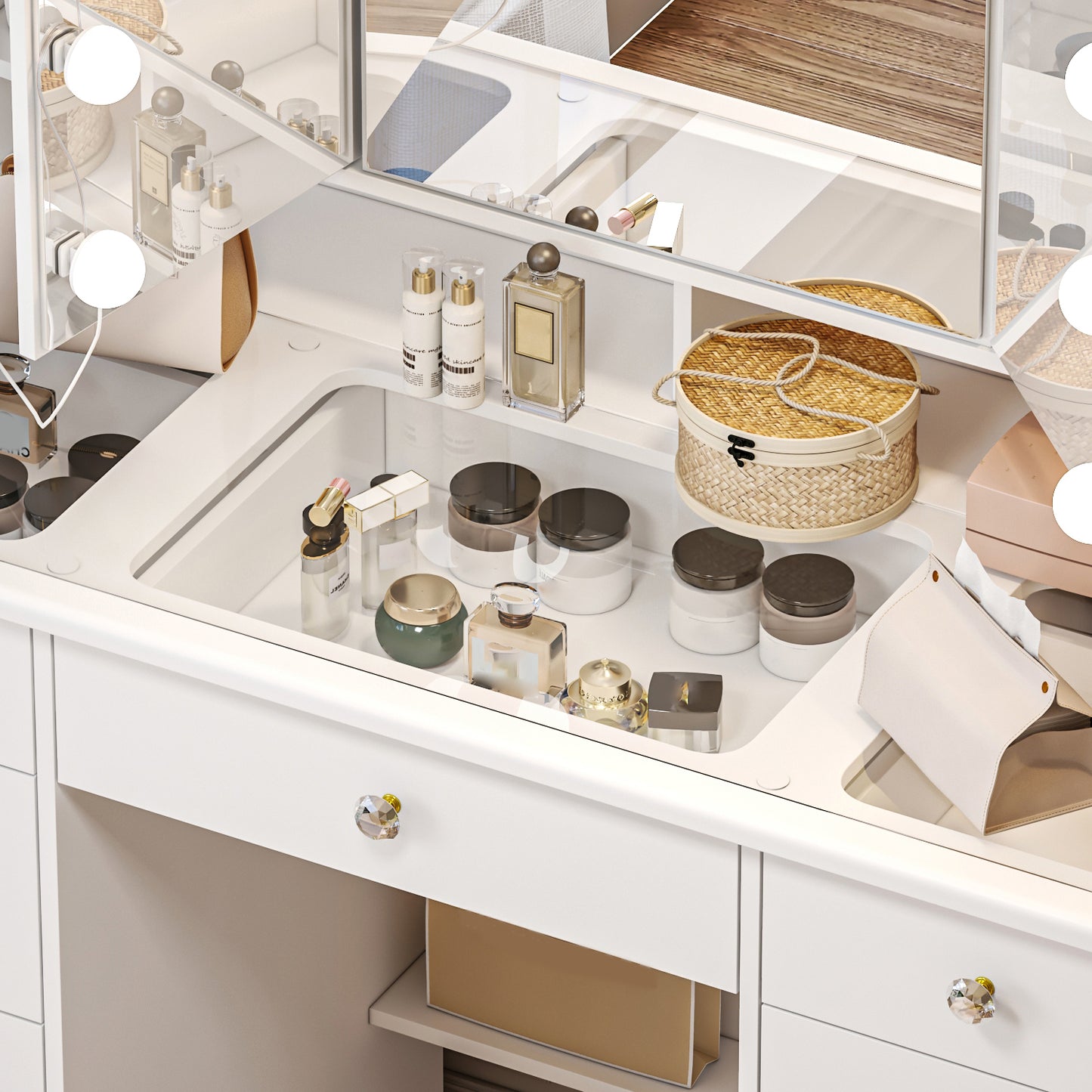 OxyLife Modern Adult Vanity Table Set with Glass Top, Mirror, LED Lights, and 9 Drawers