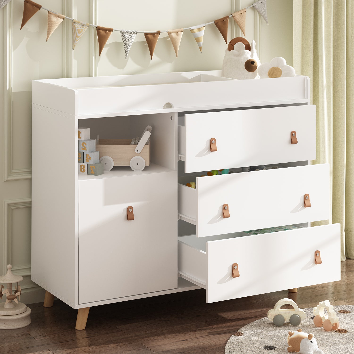 OXYLIFE Baby Nursery Changing Table Dresser with 3 Drawers and Shelf for Nursery Room, White OXYLIFE Baby Nursery Changing Table Dresser with 3 Drawers and Shelf for Nursery Room, White