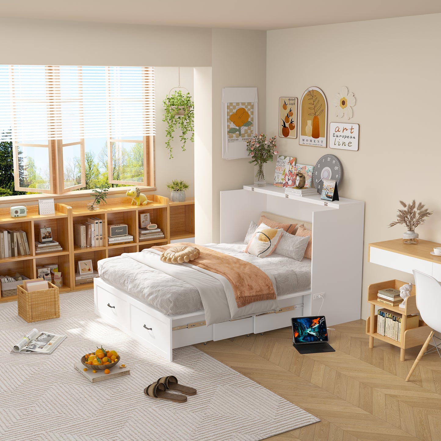 OXYLIFE Murphy Bed, 2 in 1 Convertible Chest Bed Cabinet with Drawer and USB Charging Station for Bedroom, Queen Size