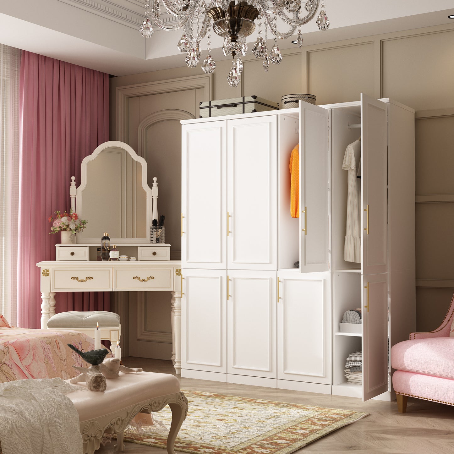 Oxylife 74.5 inch Freestanding Clothing Armoire Wardrobe Closet with 2 Doors, Hanging Rod and Shelves for Bedroom, White