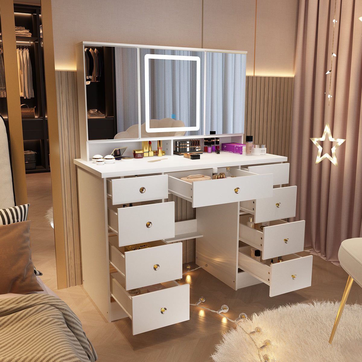 OxyLife Vanity Desk with Mirror and Lights, 9 Piece, LED Light and Storage Table Set, White/Grey