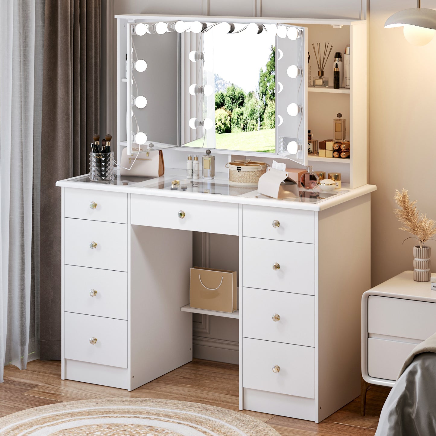 OxyLife Modern Adult Vanity Table Set with Glass Top, Mirror, LED Lights, and 9 Drawers
