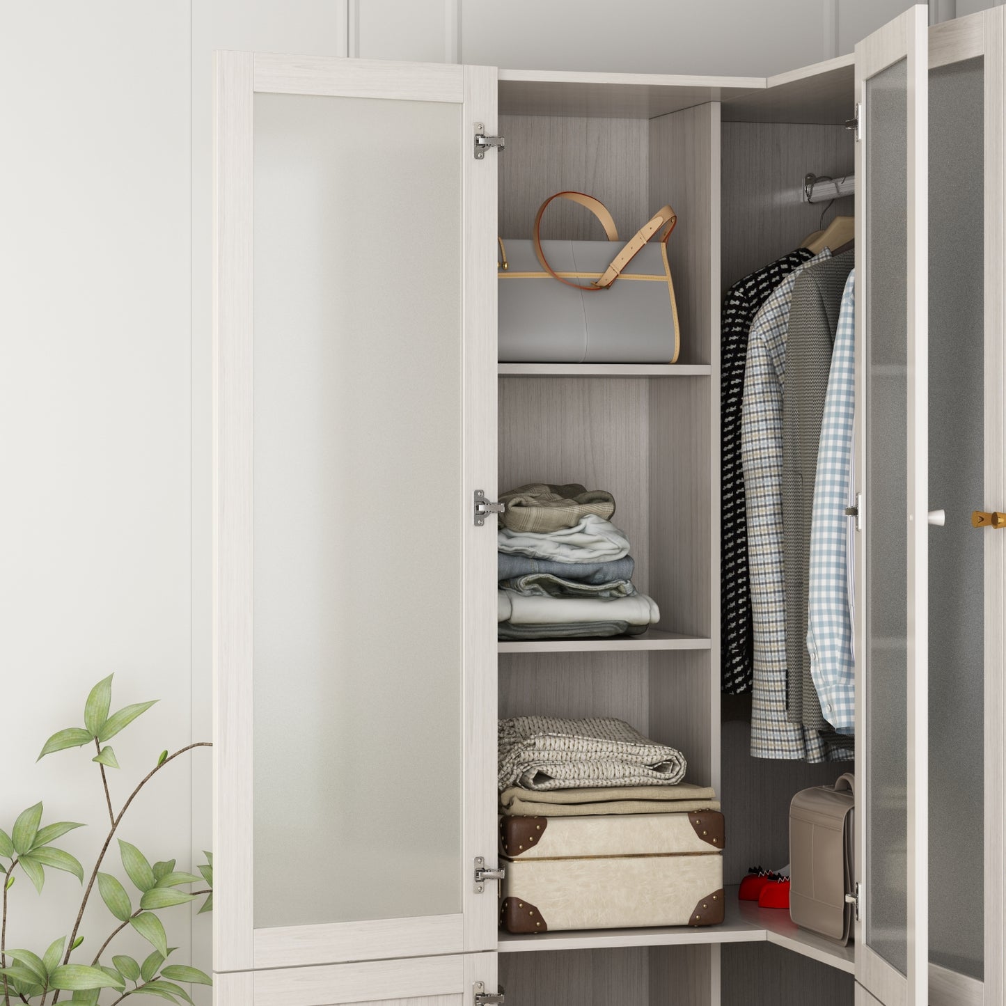 Oxylife 70.9 inch Corner L Shaped Clothing Armoire Wardrobe Closet with 2 Frosted Glass Doors, Hanging Rod and Drawers for Bedroom