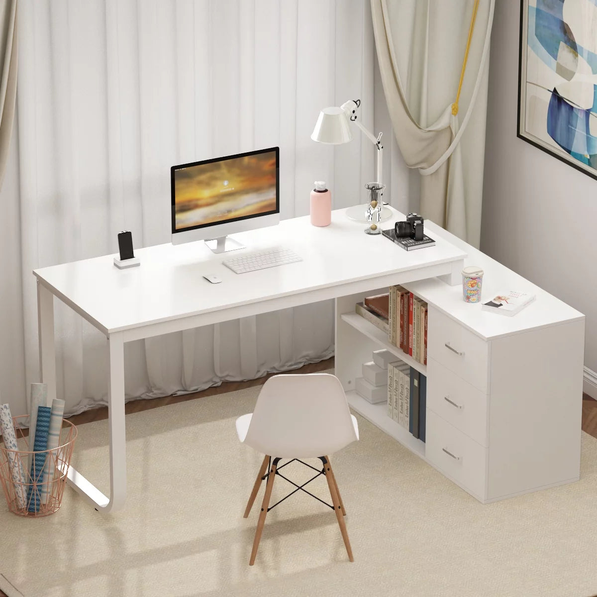 Oxylife Home Office Desk, 55 Inch Wood and Metal Study Corner Desk, Writing Workstation with Shelves and File Cabinet, White