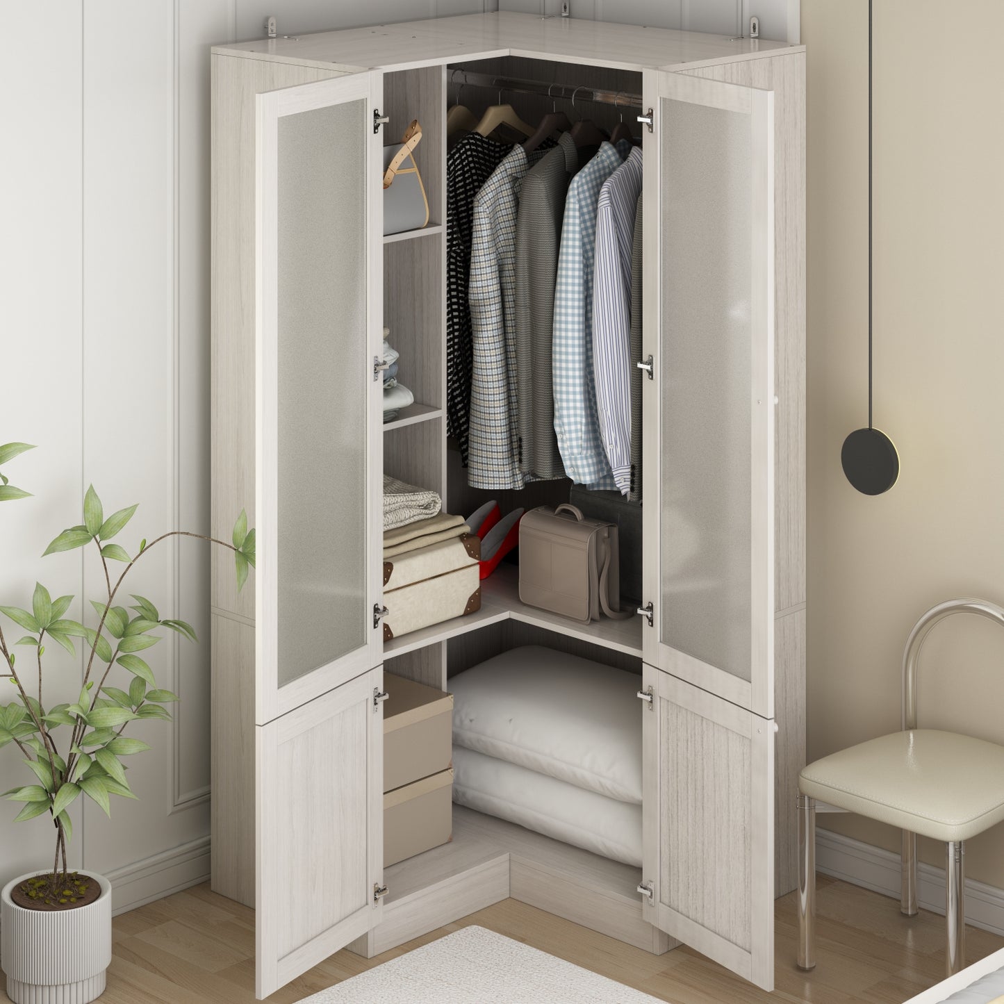 Oxylife 70.9 inch Corner L Shaped Clothing Armoire Wardrobe Closet with 2 Frosted Glass Doors, Hanging Rod and Drawers for Bedroom