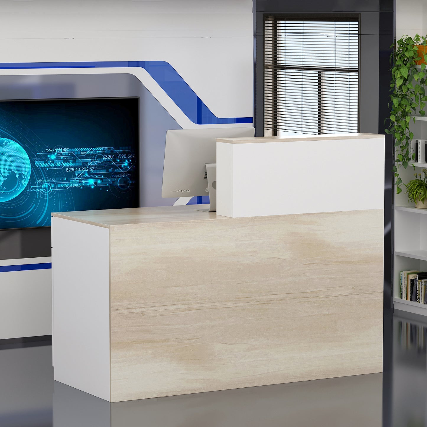 OXYLIFE L-Shape Reception Desk with Hutch and Lockable Drawer, Front Receptionist Area Counter for Office Salon Beauty Barbershop