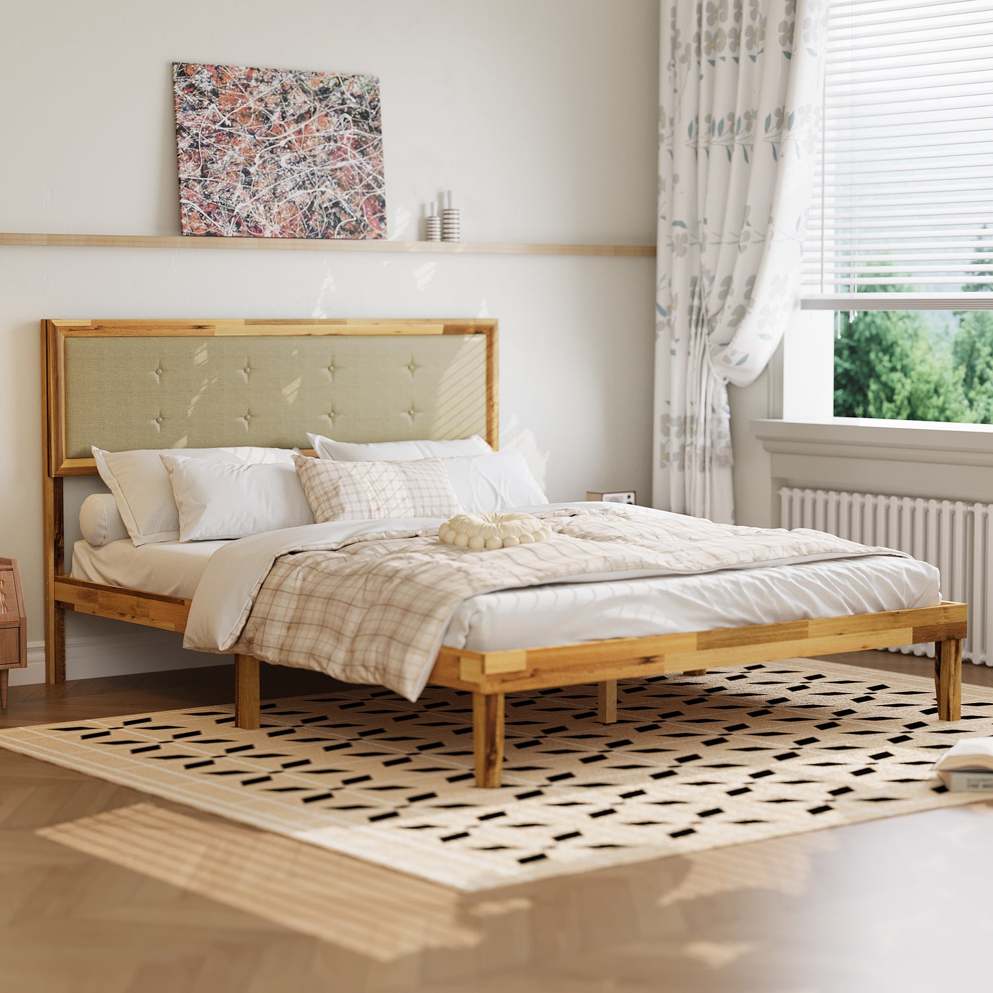 Oxylife Queen Size Bed Frame with Fabric Headboard,Upholstered Wood Platform Bed Frame,12 Slats,Natural, 82.2”L x 63”W x 41.1”H