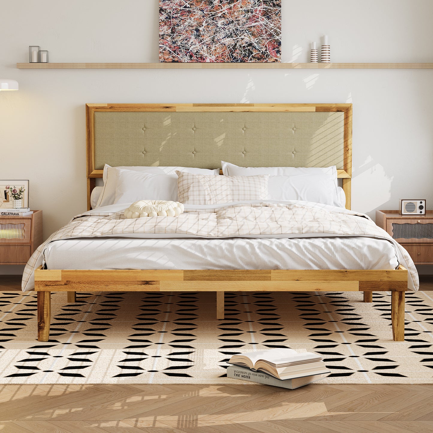 Oxylife Queen Size Bed Frame with Fabric Headboard,Upholstered Wood Platform Bed Frame,12 Slats,Natural, 82.2”L x 63”W x 41.1”H