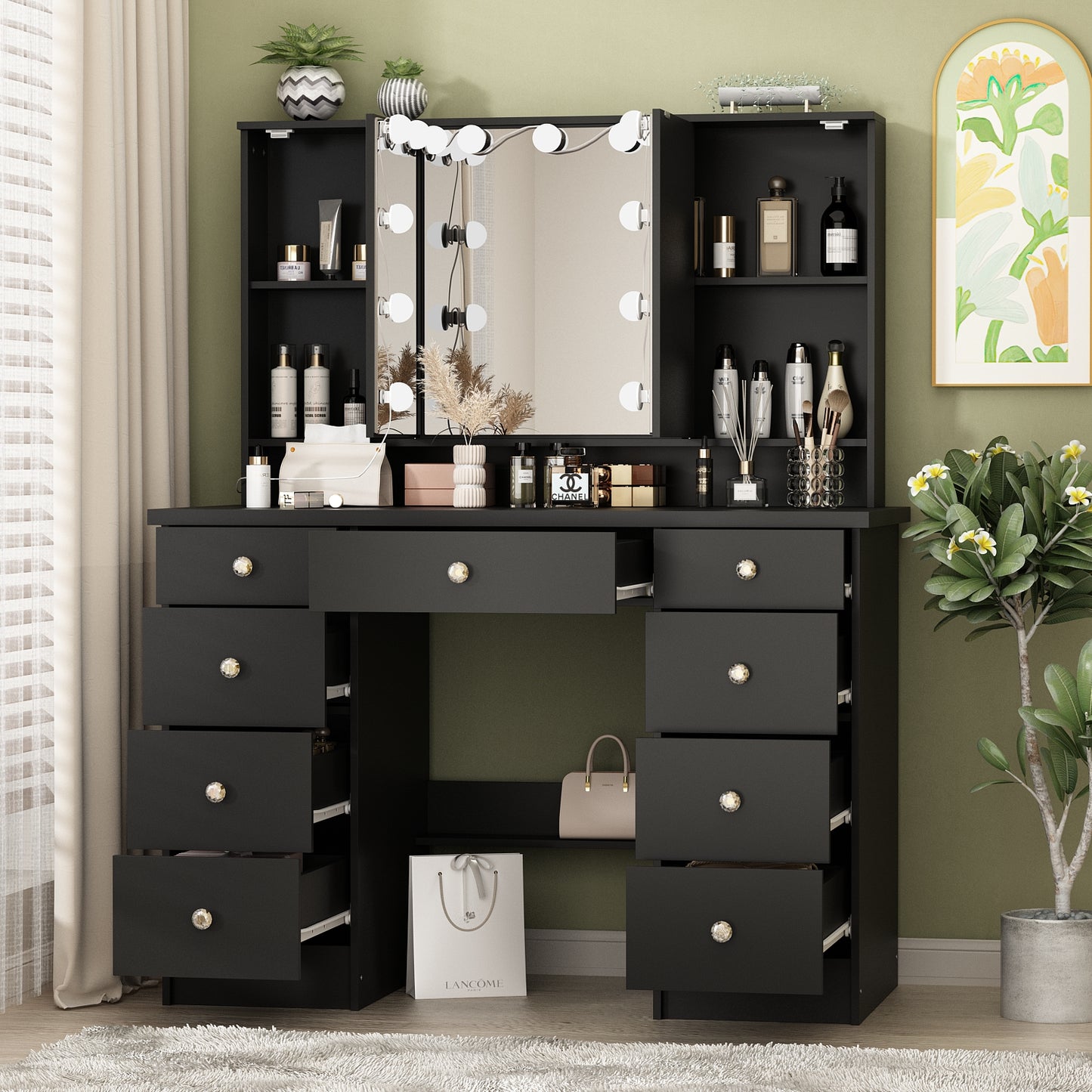 OXYLIFE Makeup Vanity Desk with Mirror and 3 Color Lights and 9 Drawers for Bedroom, Black