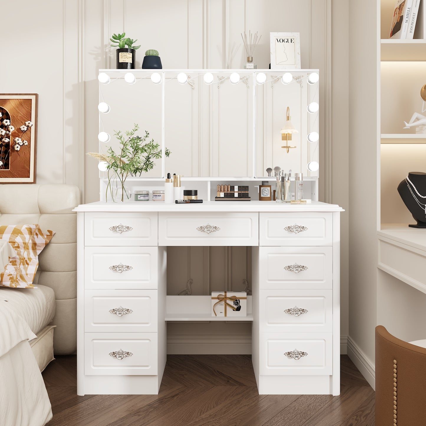 Oxylife Vanity Desk with Lighted Mirror, Makeup Dressing Table with 9 Drawer and Drawer Divier for Bedroom