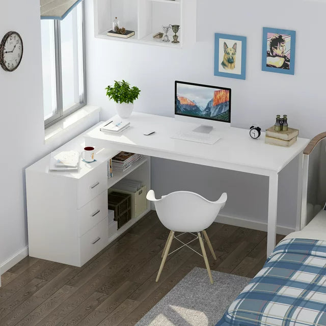 Oxylife Home Office Desk, 55 Inch Wood and Metal Study Corner Desk, Writing Workstation with Shelves and File Cabinet, White