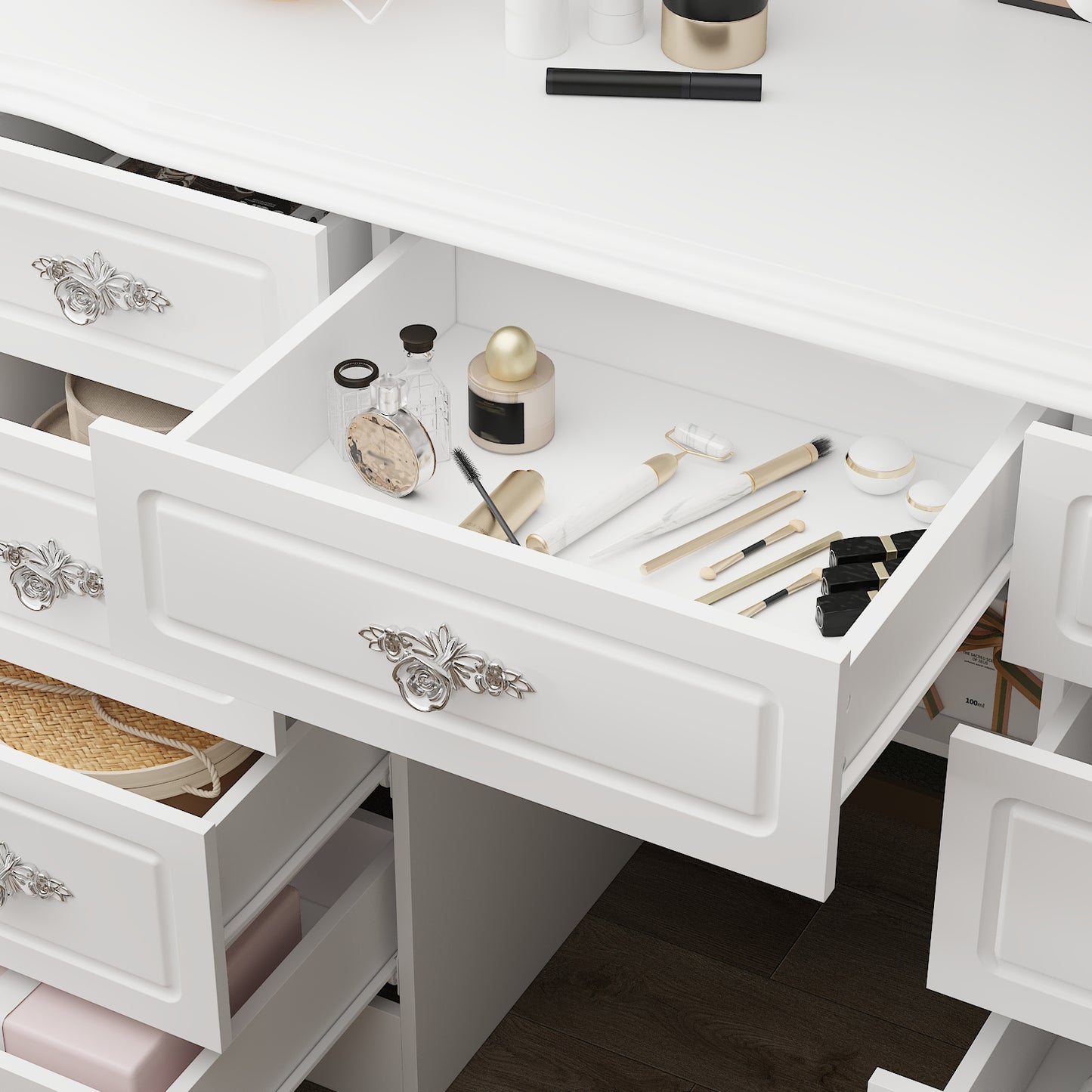 Oxylife Vanity Desk with Lighted Mirror, Makeup Dressing Table with 9 Drawer and Drawer Divier for Bedroom