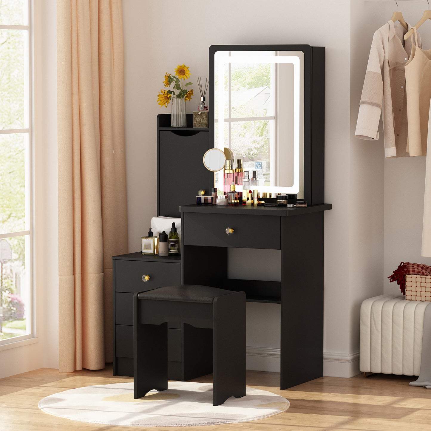 Oxylife Modern Makeup Vanity Table Set Organizer Dressing Desk with Light Mirror, 5 Drawers, Storage Shelves and Cushioned Stool (Black)