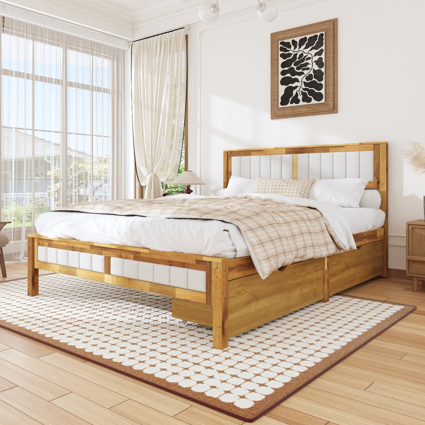 Oxylife Queen Size Bed Frame Fabric Headboard,Upholstered Wood Platform Bed Frame,12 Slats,Natural & Grey, 83.4”L x 63.9”W x 42.1”H