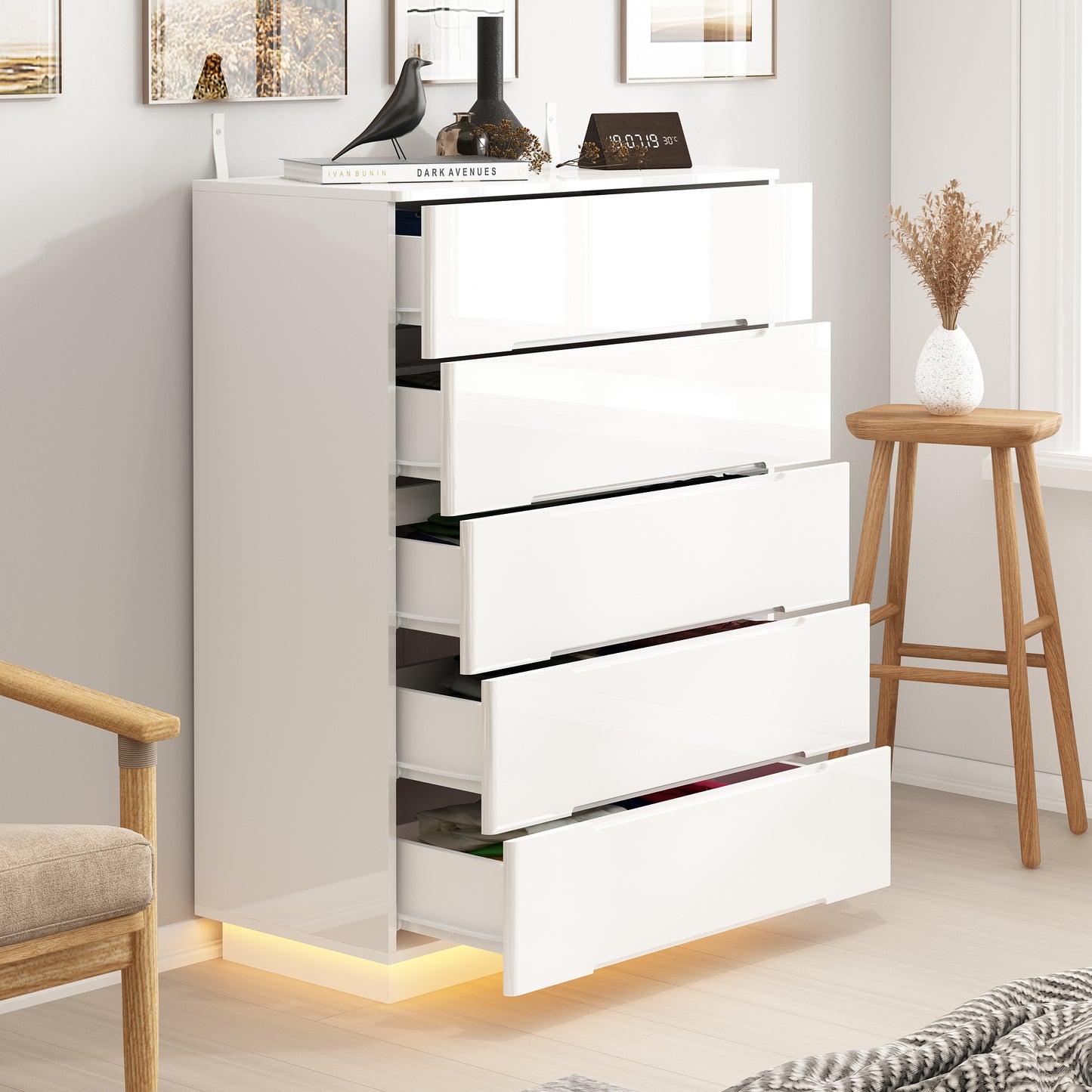 OXYLIFE 5 Drawer Dresser Chest with LED Light for Bedroom and Living Room, White Glossy Finish