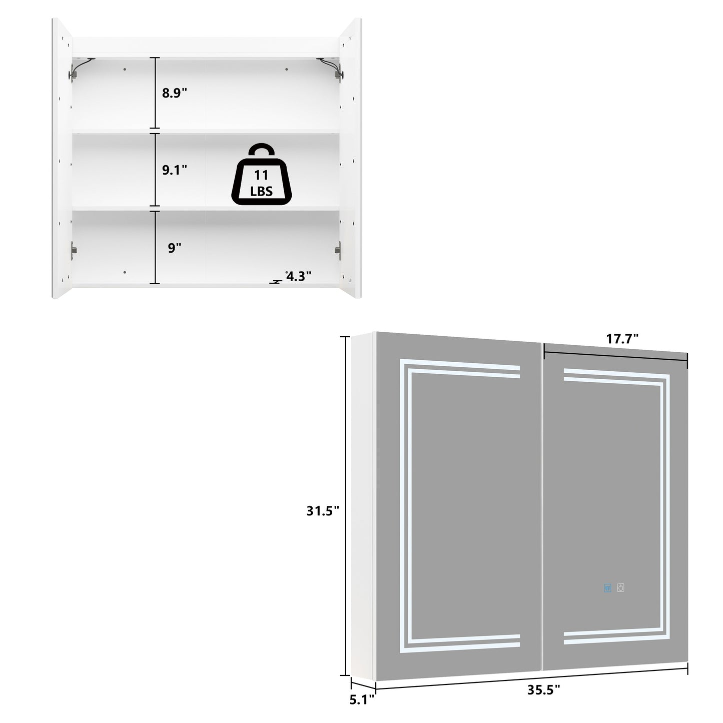 OXYLIFE 35.5" Wall Mounted Mirror Medicine Cabinet with 3 Color Adjustable LED Lights, Defogger and 2 Doors for Bathroom, White