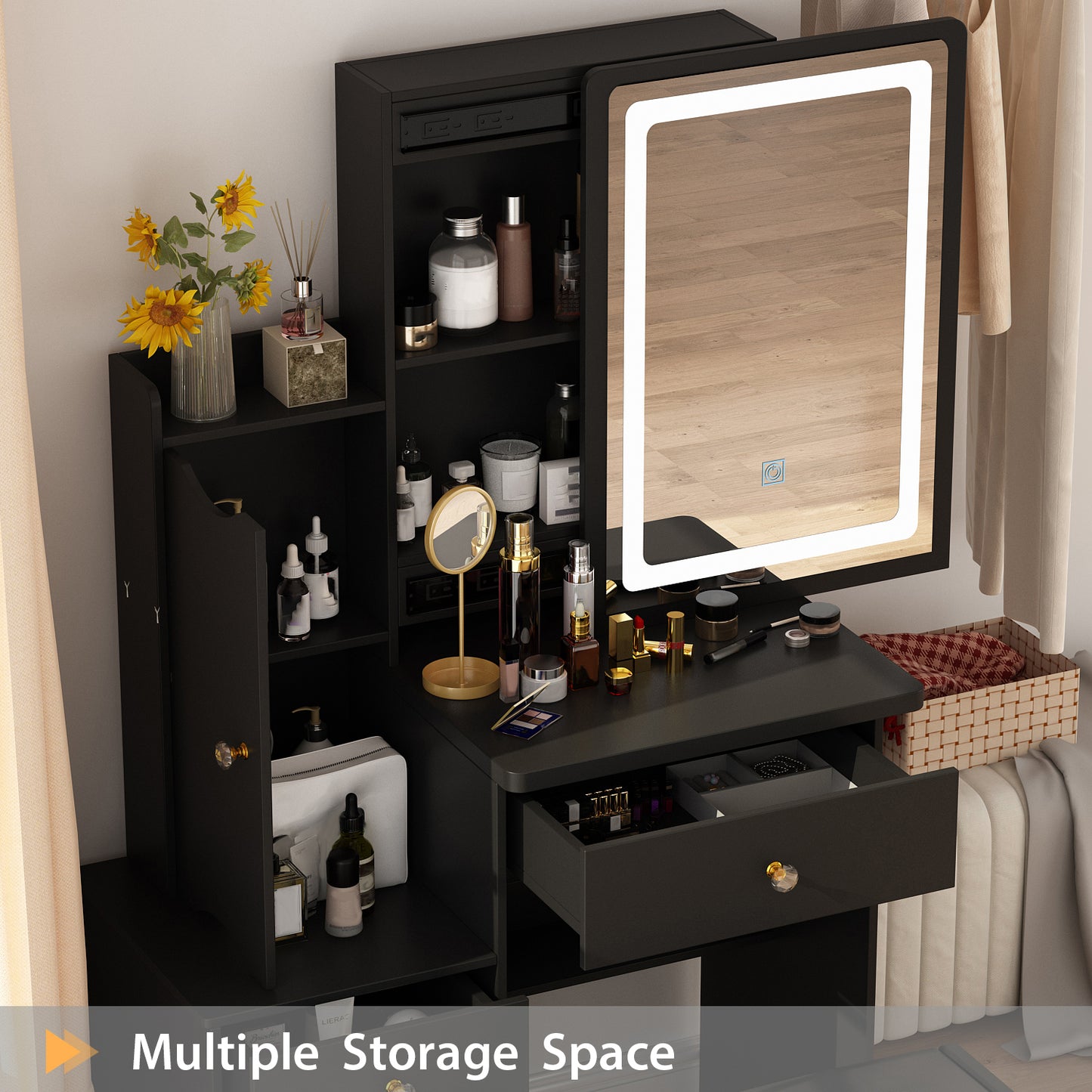 Oxylife Modern Makeup Vanity Table Set Organizer Dressing Desk with Light Mirror, 5 Drawers, Storage Shelves and Cushioned Stool (Black)