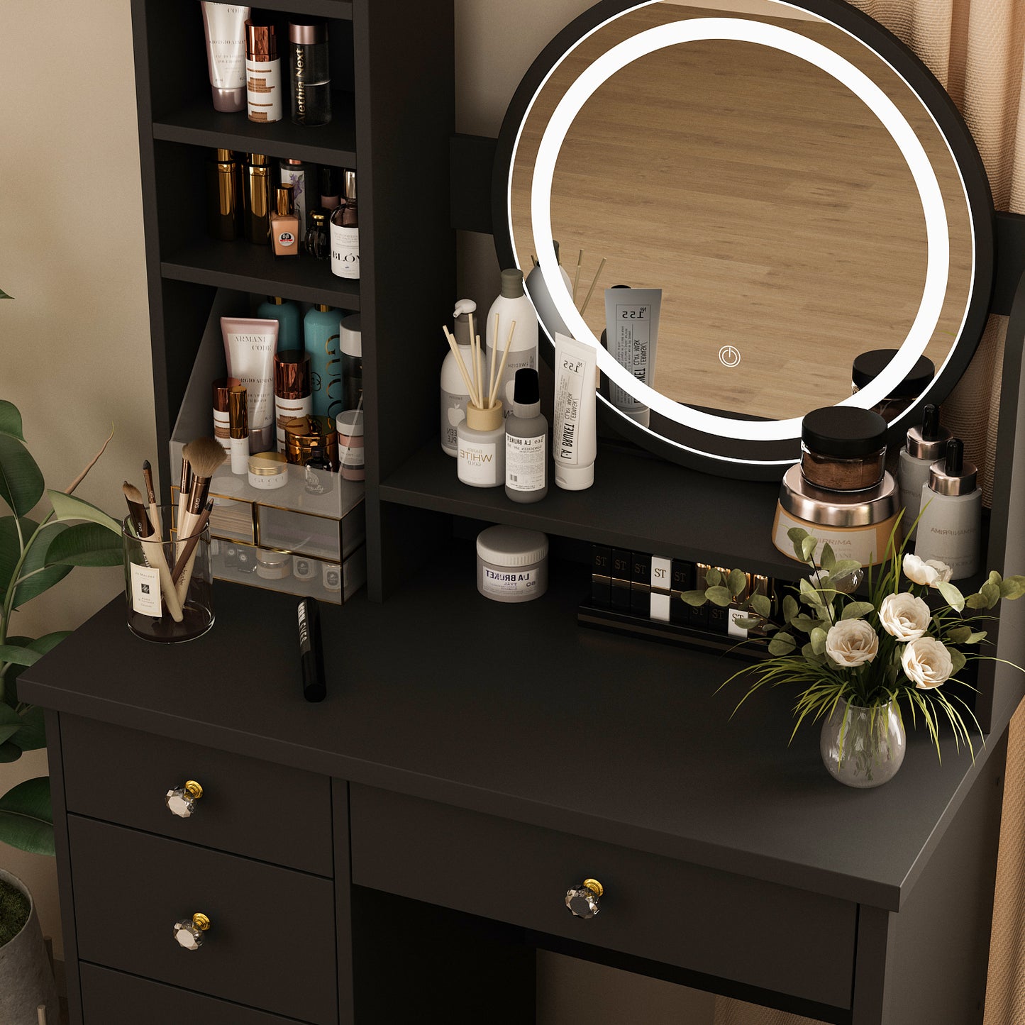 Oxylife Black Makeup Vanity Dressing Table with Mirror, 5 Drawers and Shelves (Round Lighted Mirror )