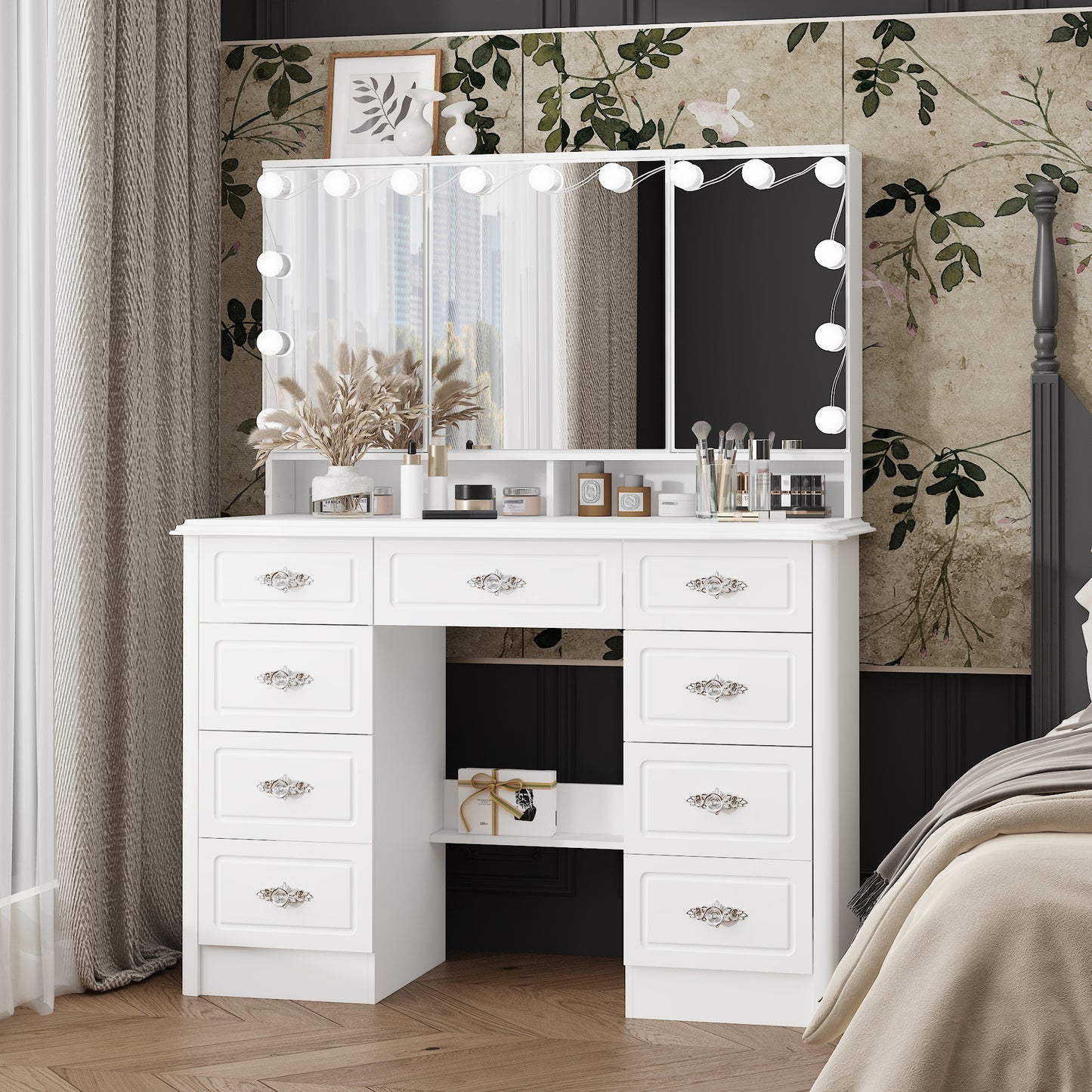 Oxylife Vanity Desk with Lighted Mirror, Makeup Dressing Table with 9 Drawer and Drawer Divier for Bedroom