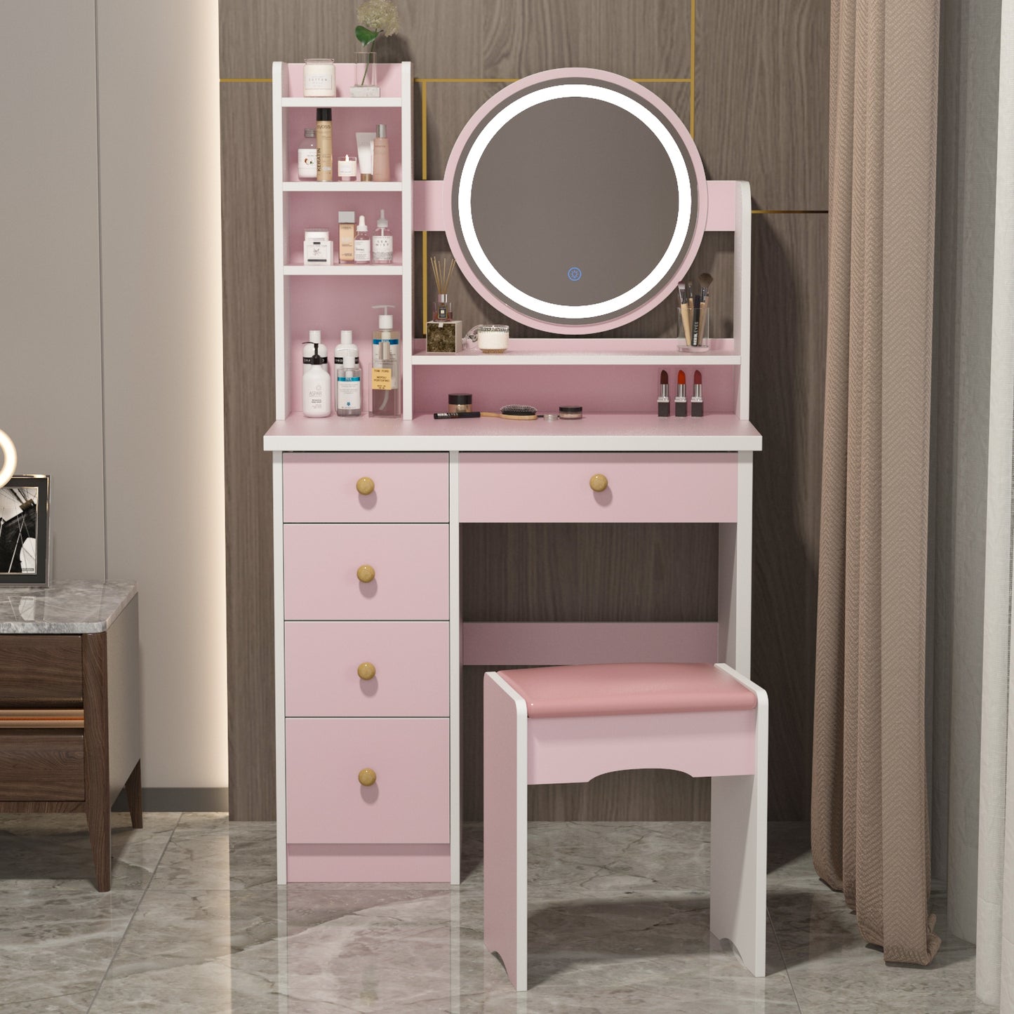 Oxylife Vanity Set with Lighted Mirror, Girls Makeup Vanity Table with 5 Drawers, Shelves and Stool, Pink