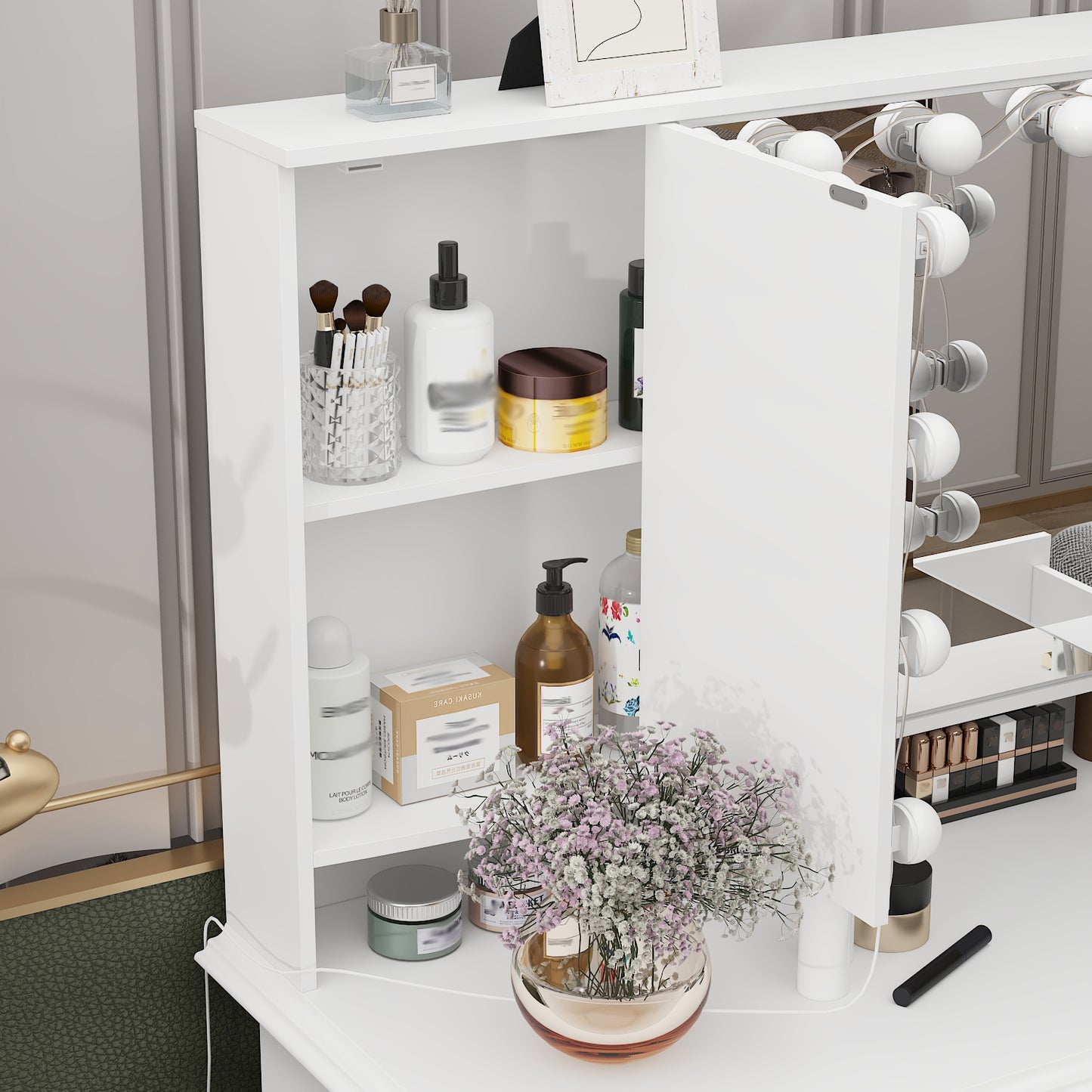 Oxylife Vanity Desk with Lighted Mirror, Makeup Dressing Table with 9 Drawer and Drawer Divier for Bedroom