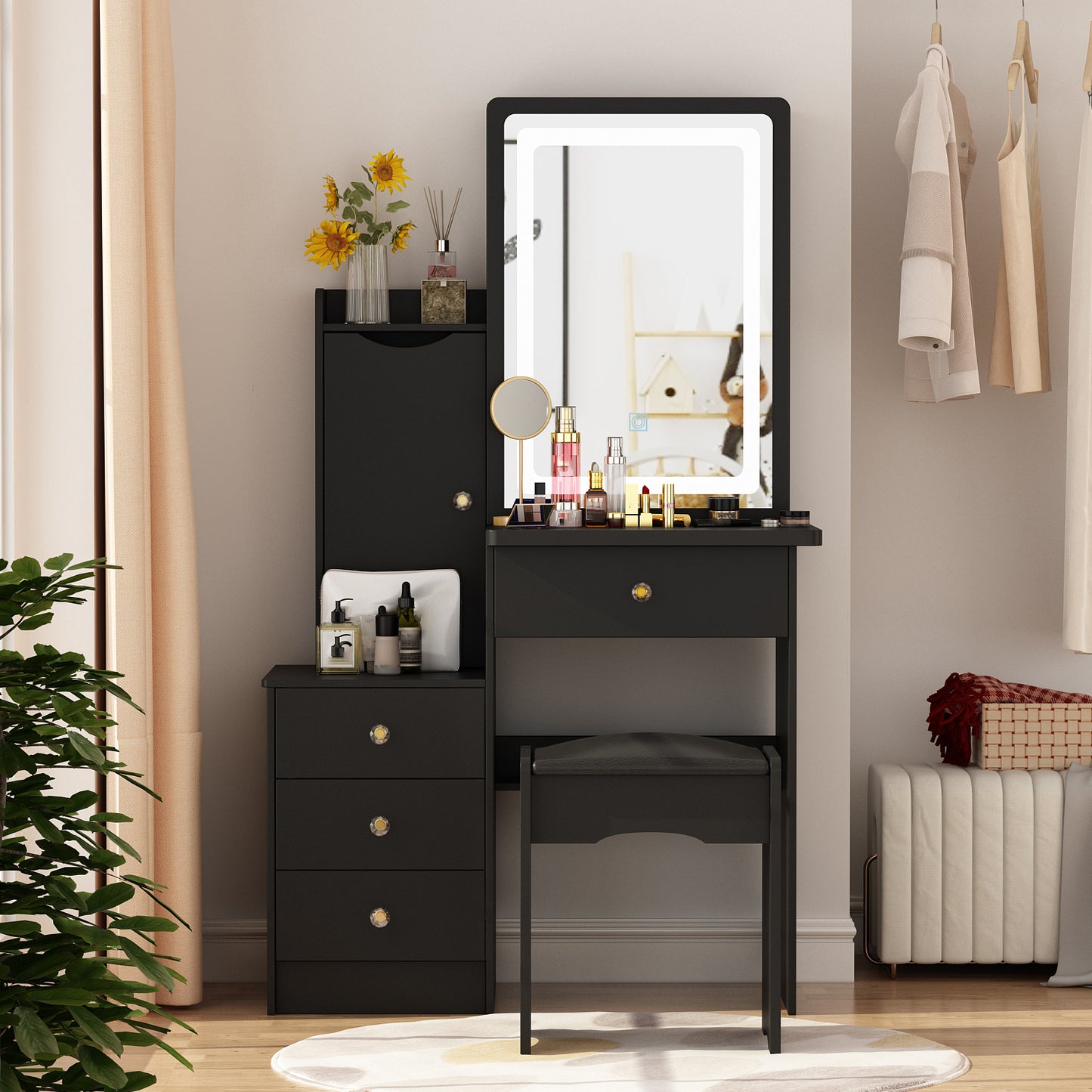 Oxylife Modern Makeup Vanity Table Set Organizer Dressing Desk with Light Mirror, 5 Drawers, Storage Shelves and Cushioned Stool (Black)