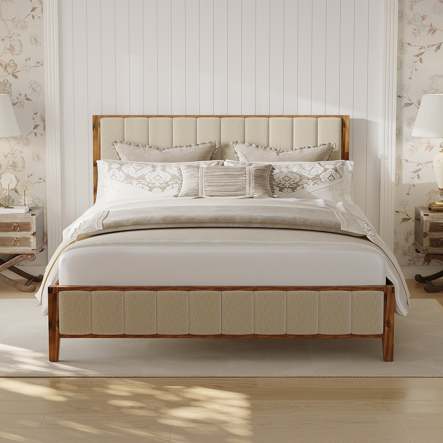 Oxylife Queen Size Bed Frame with Velvet Headboard,Upholstered Wood Platform Bed Frame,12 Slats,Walnut & Beige, 85.2”L x 62.8”W x 41”H