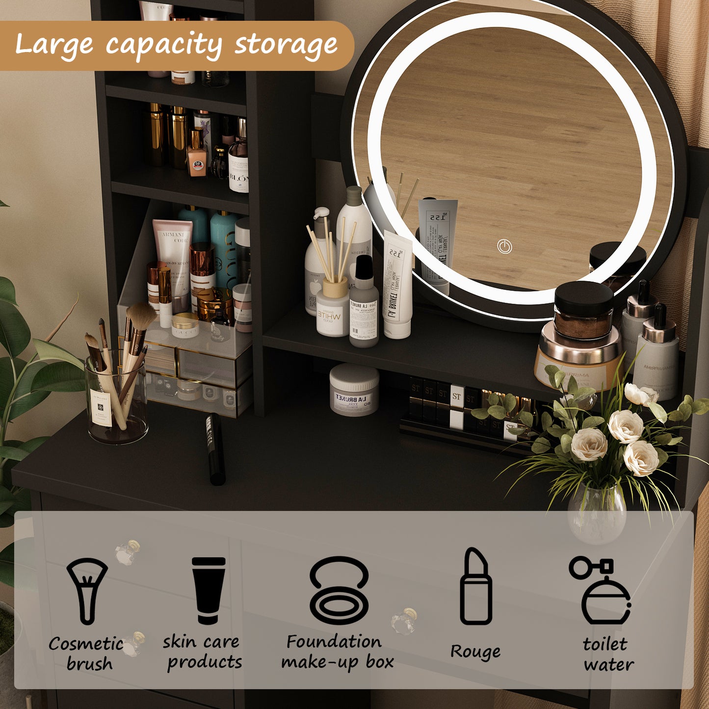 Oxylife Black Makeup Vanity Dressing Table with Mirror, 5 Drawers and Shelves (Round Lighted Mirror )
