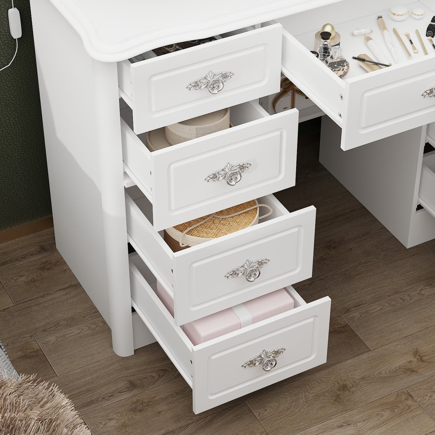 Oxylife Vanity Desk with Lighted Mirror, Makeup Dressing Table with 9 Drawer and Drawer Divier for Bedroom