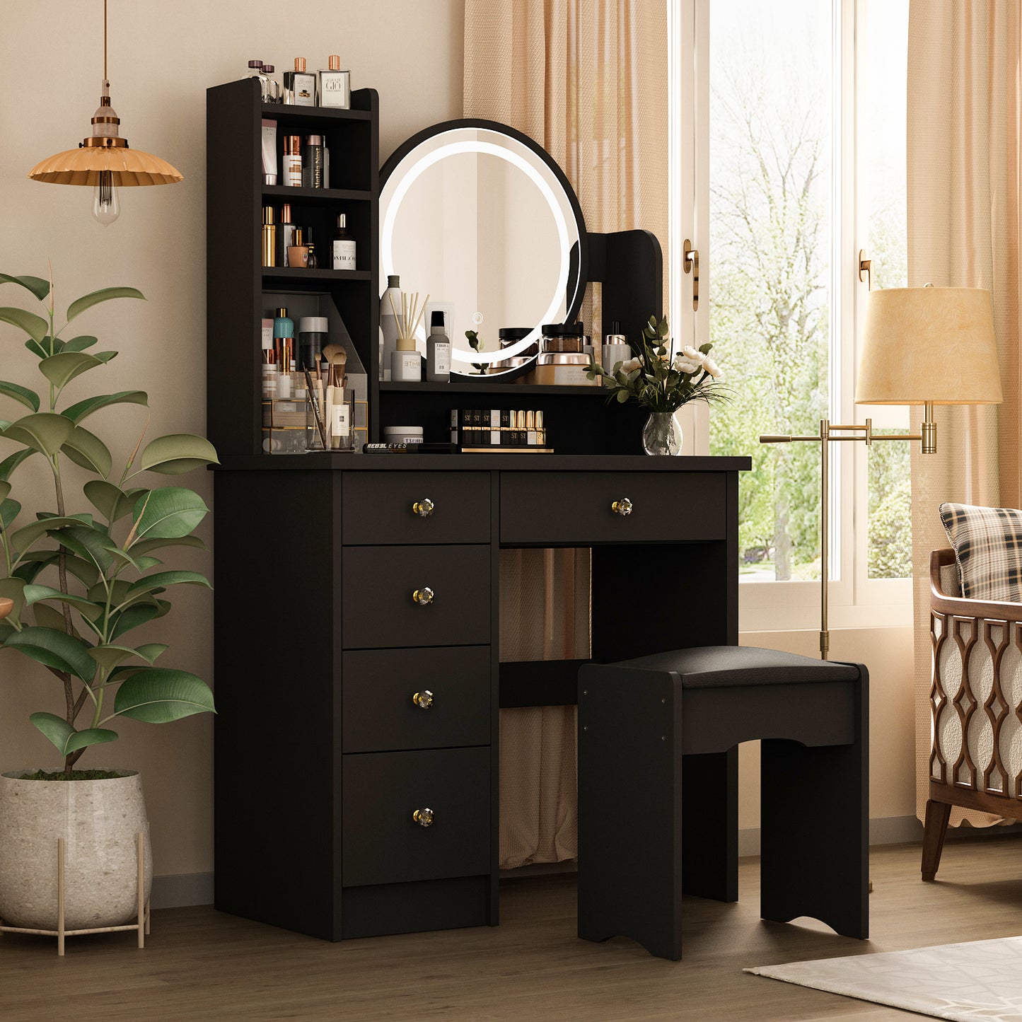 Oxylife Black Makeup Vanity Dressing Table with Mirror, 5 Drawers and Shelves (Round Lighted Mirror )