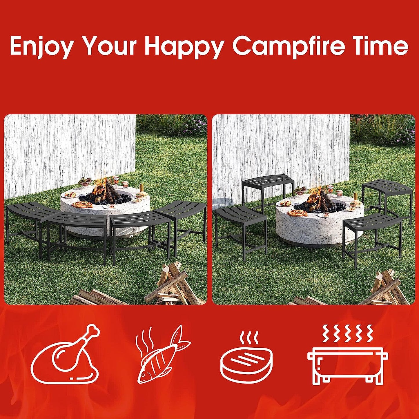 OXYLIFE Outdoor Curved Metal Firepit Bench Seating Set of 4 for Garden, Patio, Porch, Backyard, Slatted Style