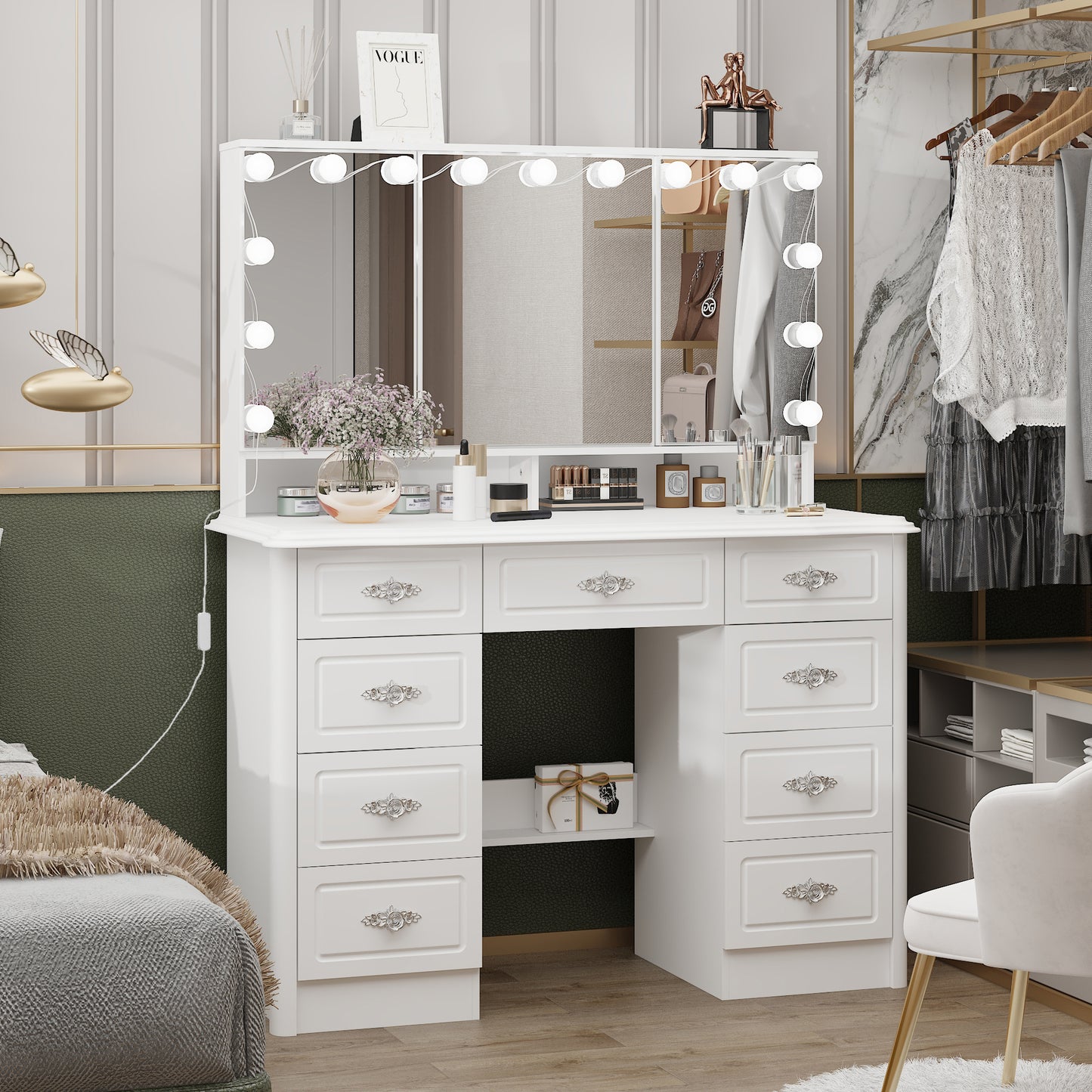Oxylife Vanity Desk with Lighted Mirror, Makeup Dressing Table with 9 Drawer and Drawer Divier for Bedroom