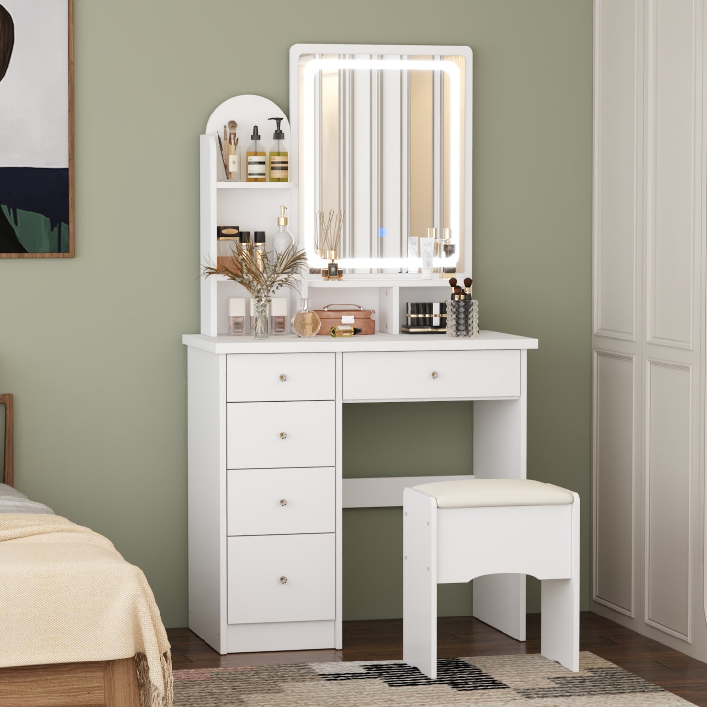 Oxylife Vanity Set with 5 Drawers and Shelves, Makeup Table with Light Mirror,White