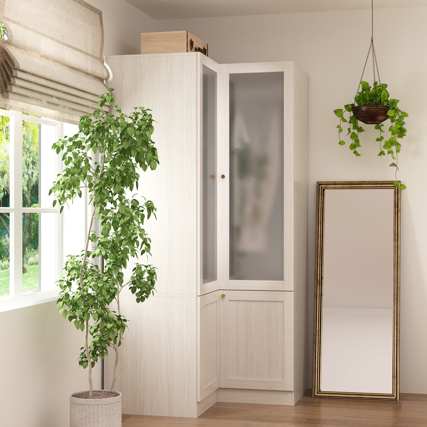 OXYLIFE 70.9 inch Corner L Shaped Clothing Armoire Wardrobe Closet with 2 Frosted Glass Doors, Hanging Rod and Drawers for Bedroom