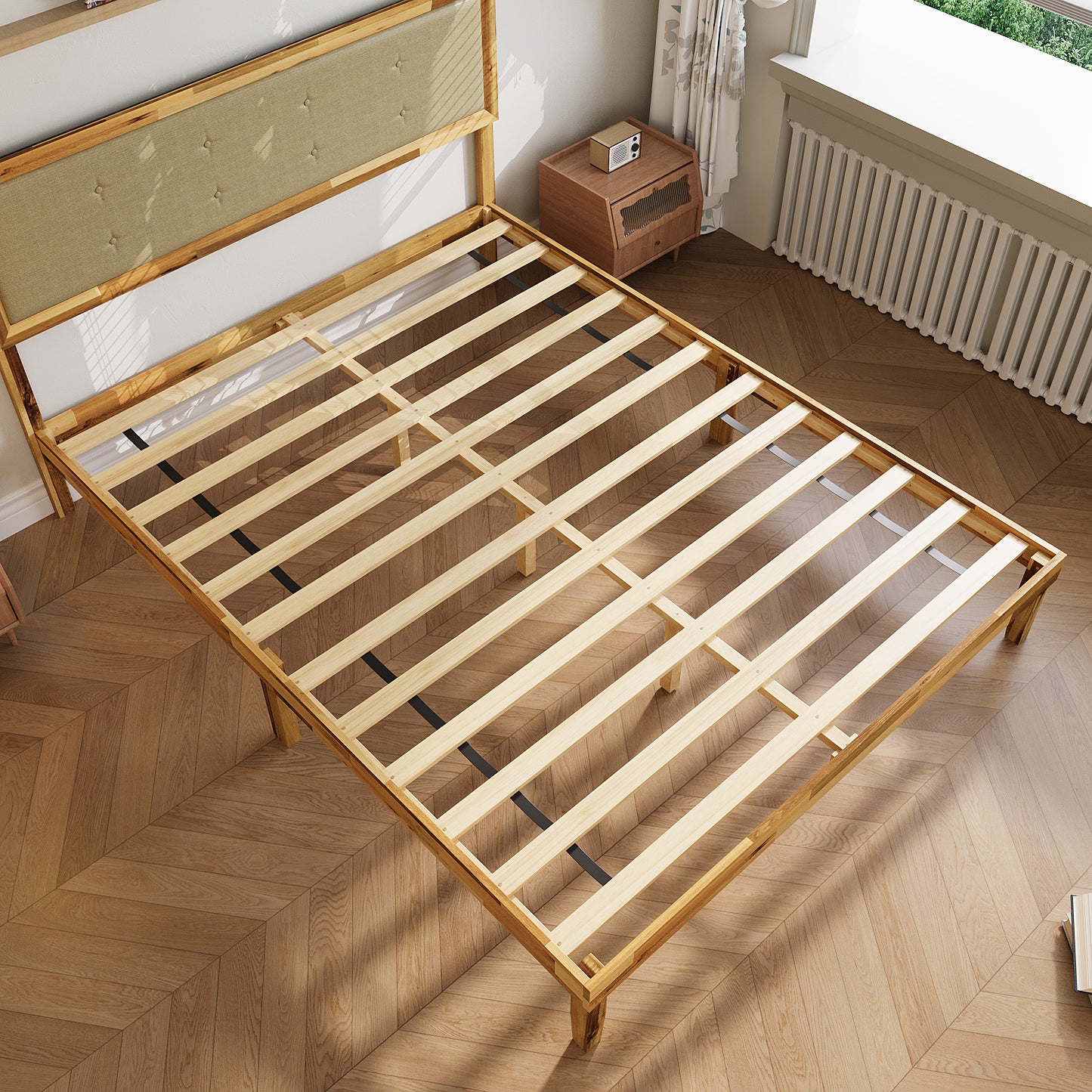 Oxylife Queen Size Bed Frame with Fabric Headboard,Upholstered Wood Platform Bed Frame,12 Slats,Natural, 82.2”L x 63”W x 41.1”H