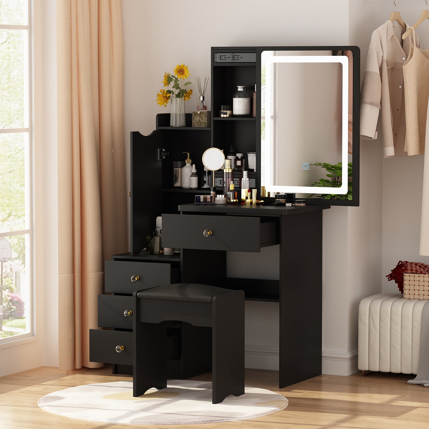 Oxylife Modern Makeup Vanity Table Set Organizer Dressing Desk with Light Mirror, 5 Drawers, Storage Shelves and Cushioned Stool (Black)