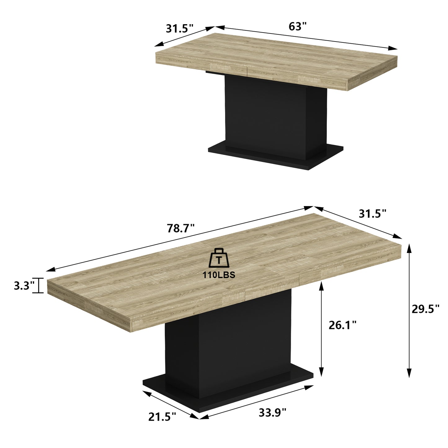 Oxylife Extendable Dining Table for 6-8 Person for Living Room, 63"-78.7" Wide, Oak+Black