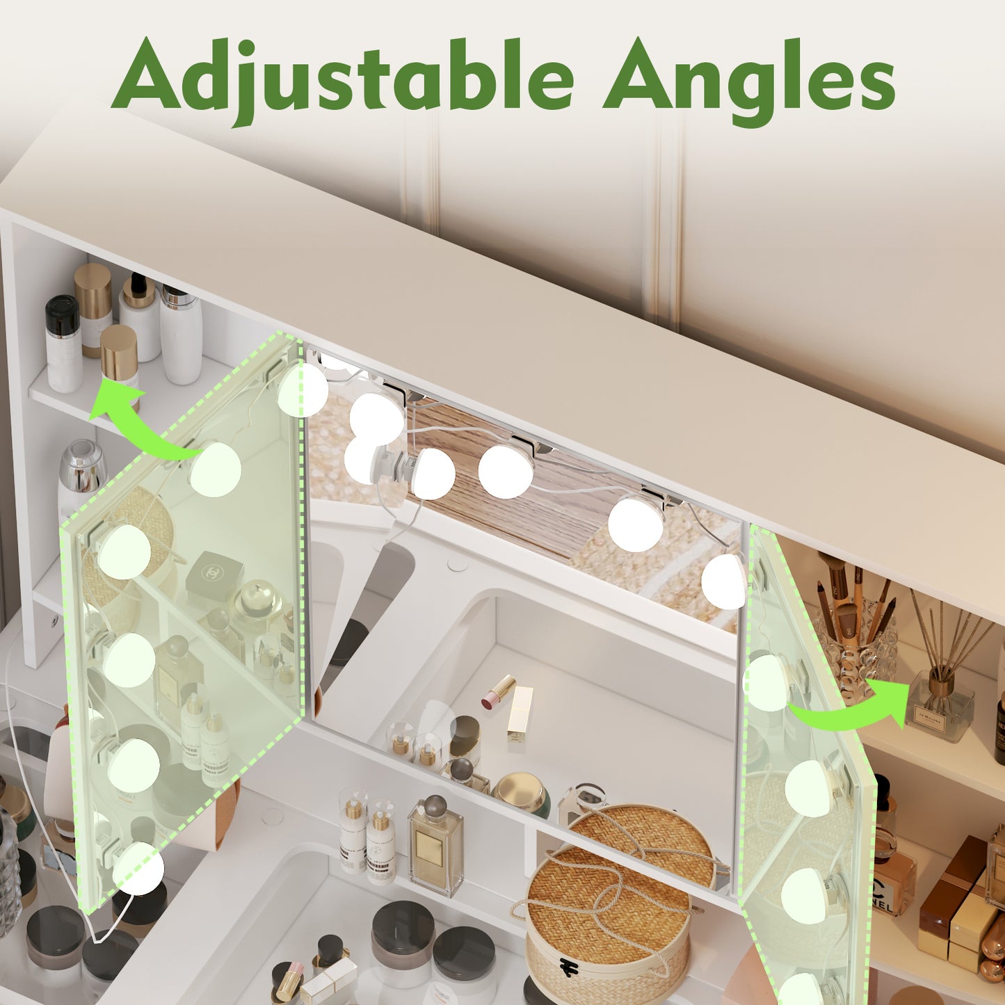 OxyLife Modern Adult Vanity Table Set with Glass Top, Mirror, LED Lights, and 9 Drawers