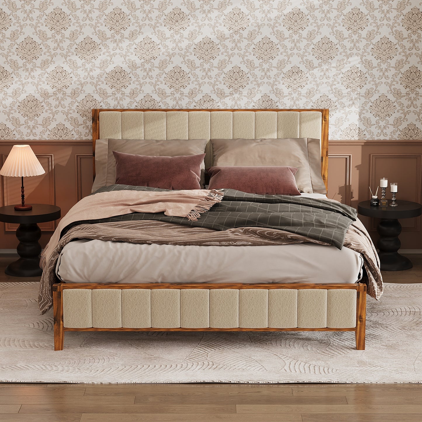 Oxylife Queen Size Bed Frame with Velvet Headboard,Upholstered Wood Platform Bed Frame,12 Slats,Walnut & Beige, 85.2”L x 62.8”W x 41”H