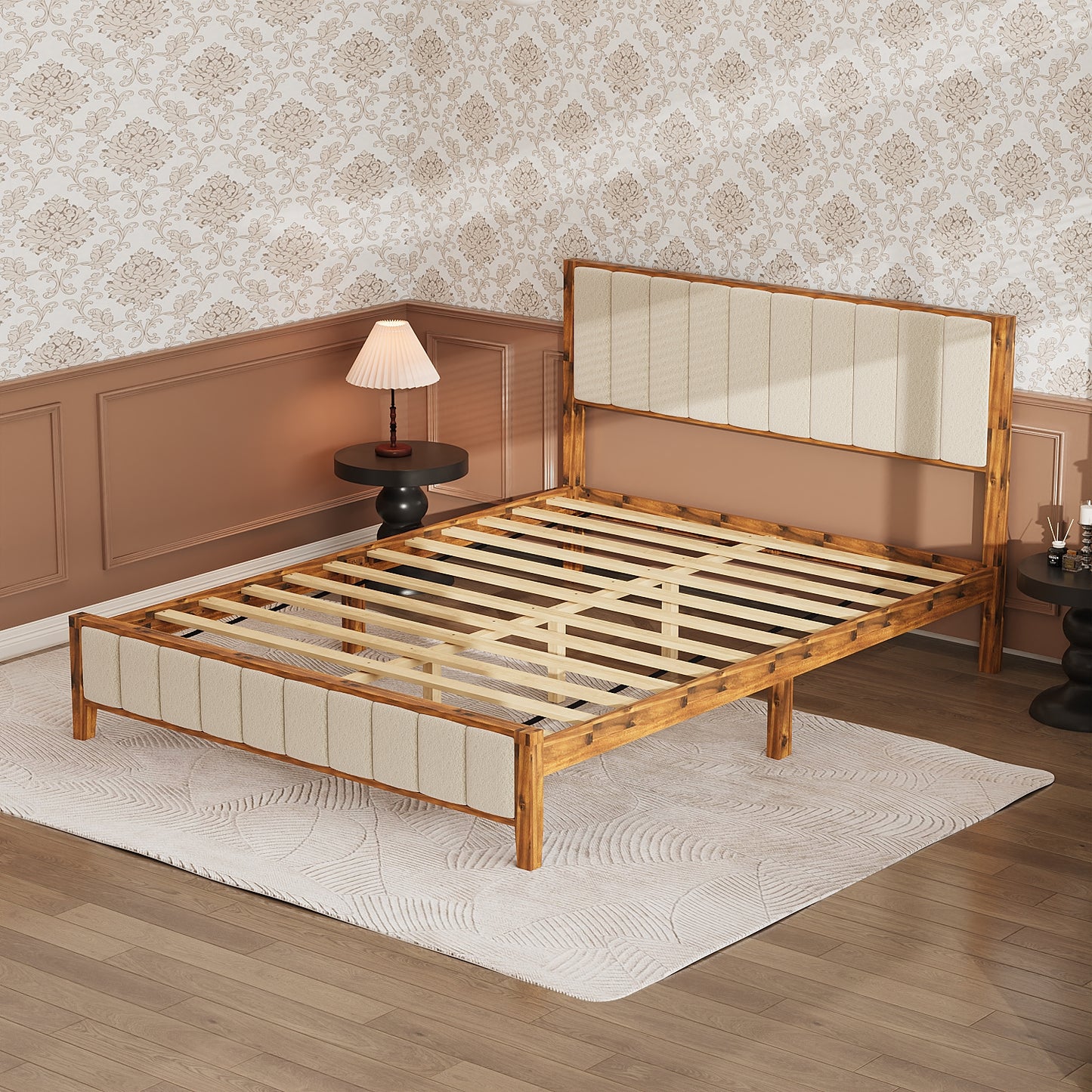 Oxylife Queen Size Bed Frame with Velvet Headboard,Upholstered Wood Platform Bed Frame,12 Slats,Walnut & Beige, 85.2”L x 62.8”W x 41”H
