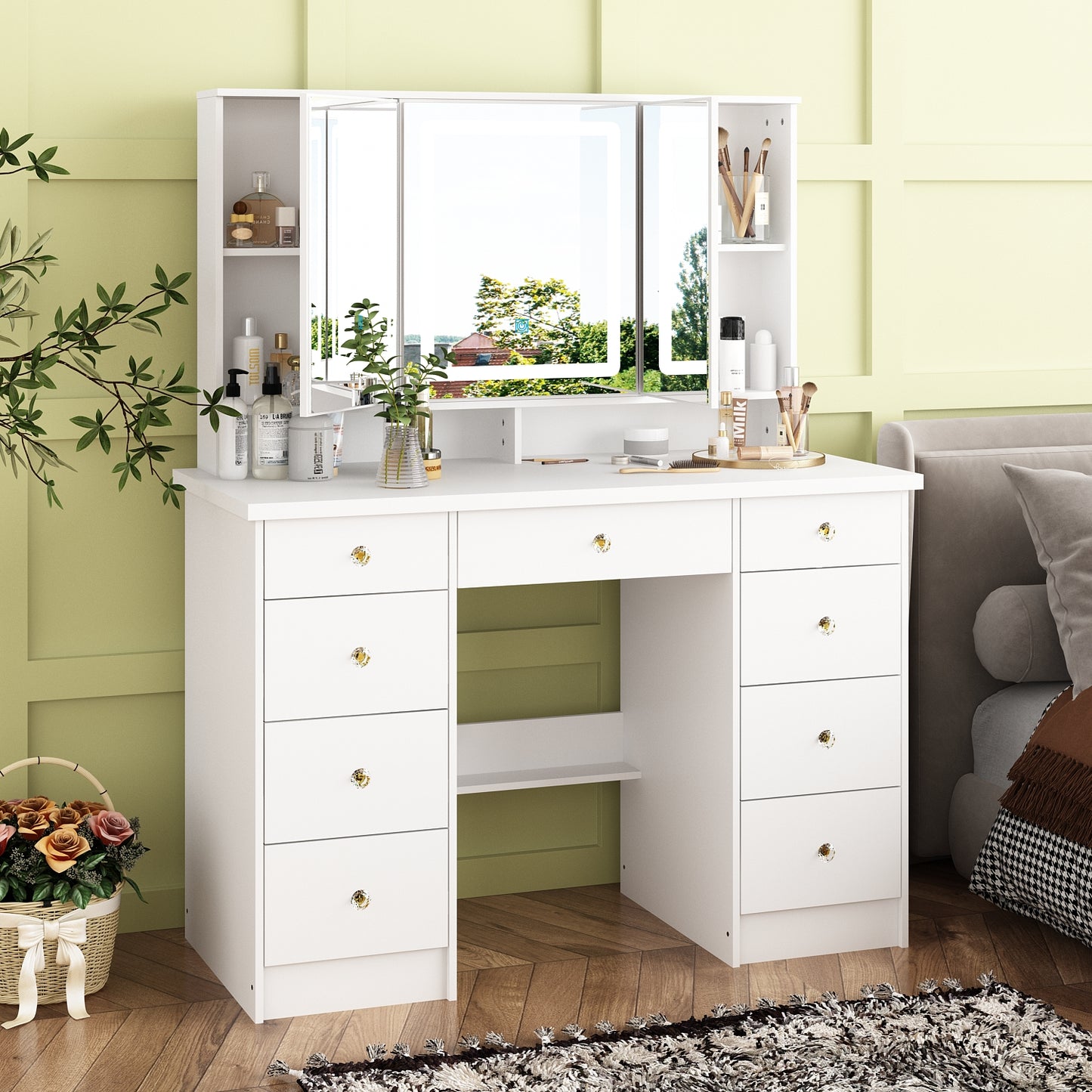 OxyLife Vanity Desk with Mirror and Lights, 9 Piece, LED Light and Storage Table Set, White/Grey