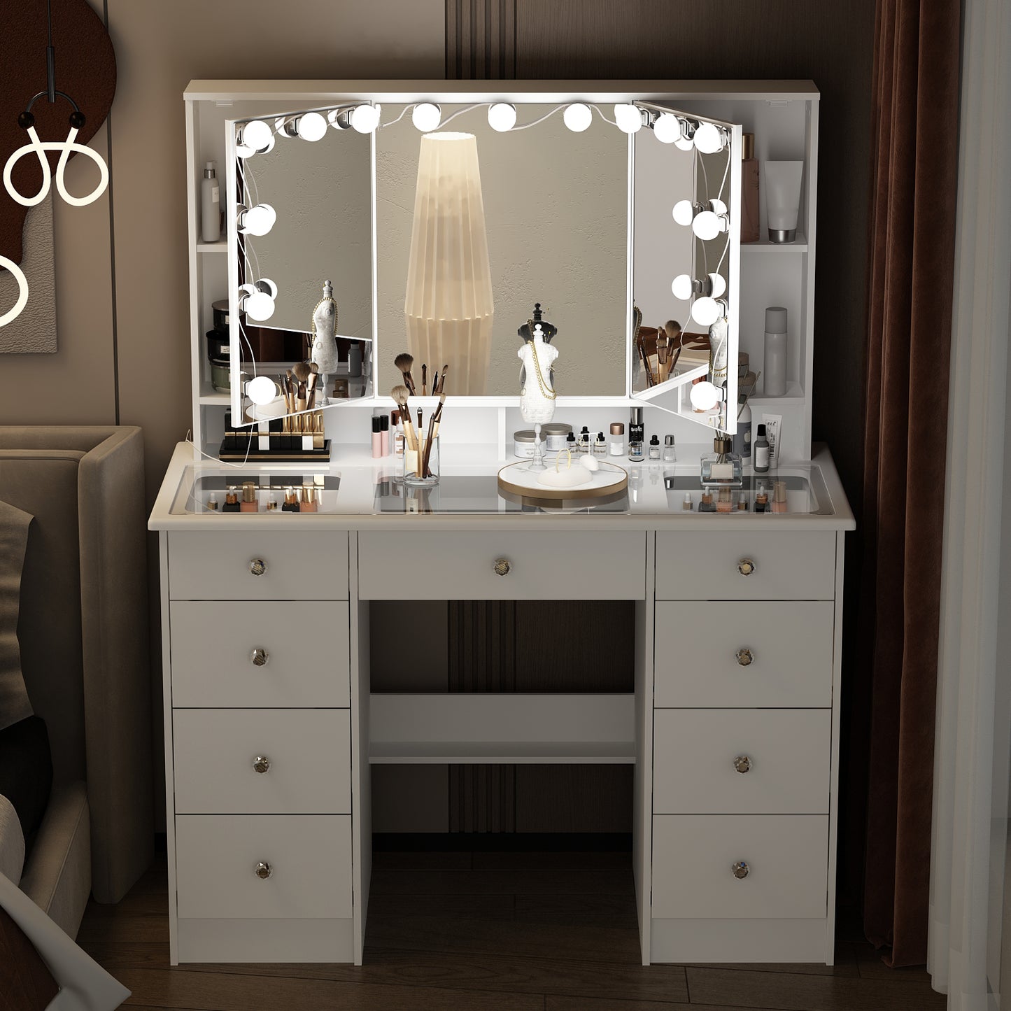 OxyLife Modern Adult Vanity Table Set with Glass Top, Mirror, LED Lights, and 9 Drawers