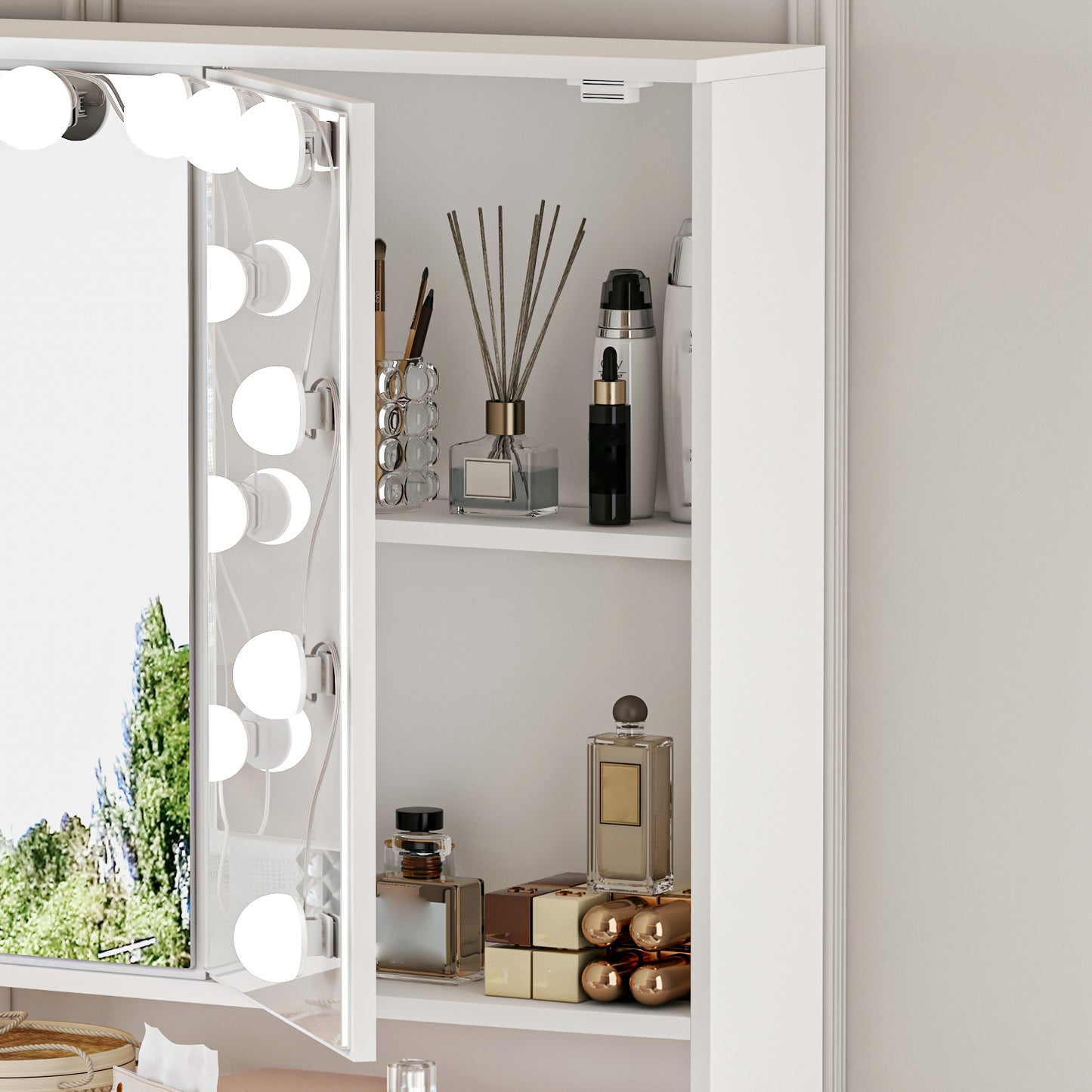 OxyLife Modern Adult Vanity Table Set with Glass Top, Mirror, LED Lights, and 9 Drawers