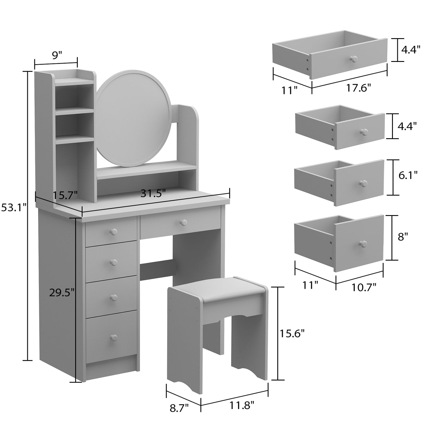 Oxylife Black Makeup Vanity Dressing Table with Mirror, 5 Drawers and Shelves (Round Lighted Mirror )