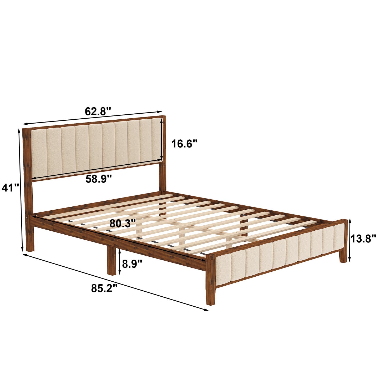 Oxylife Queen Size Bed Frame with Velvet Headboard,Upholstered Wood Platform Bed Frame,12 Slats,Walnut & Beige, 85.2”L x 62.8”W x 41”H