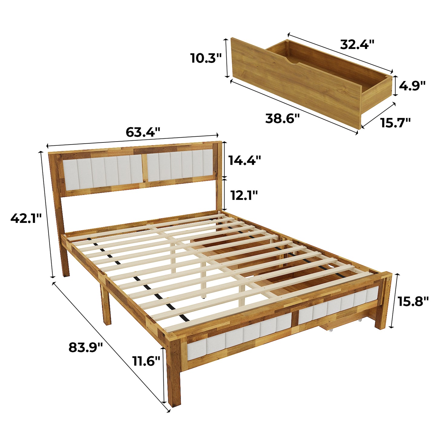 Oxylife Queen Size Bed Frame Fabric Headboard,Upholstered Wood Platform Bed Frame,12 Slats,Natural & Grey, 83.4”L x 63.9”W x 42.1”H