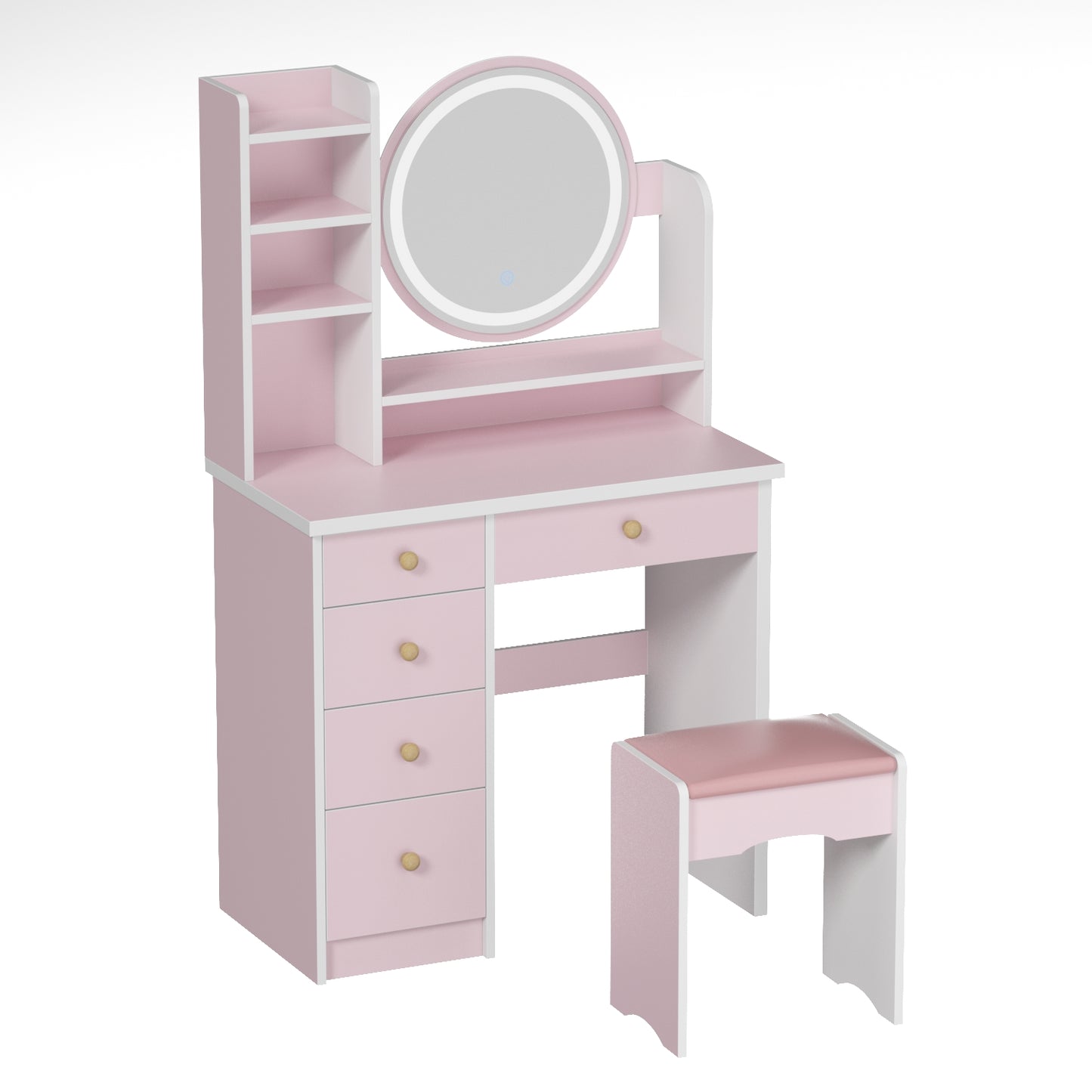 Oxylife Vanity Set with Lighted Mirror, Girls Makeup Vanity Table with 5 Drawers, Shelves and Stool, Pink