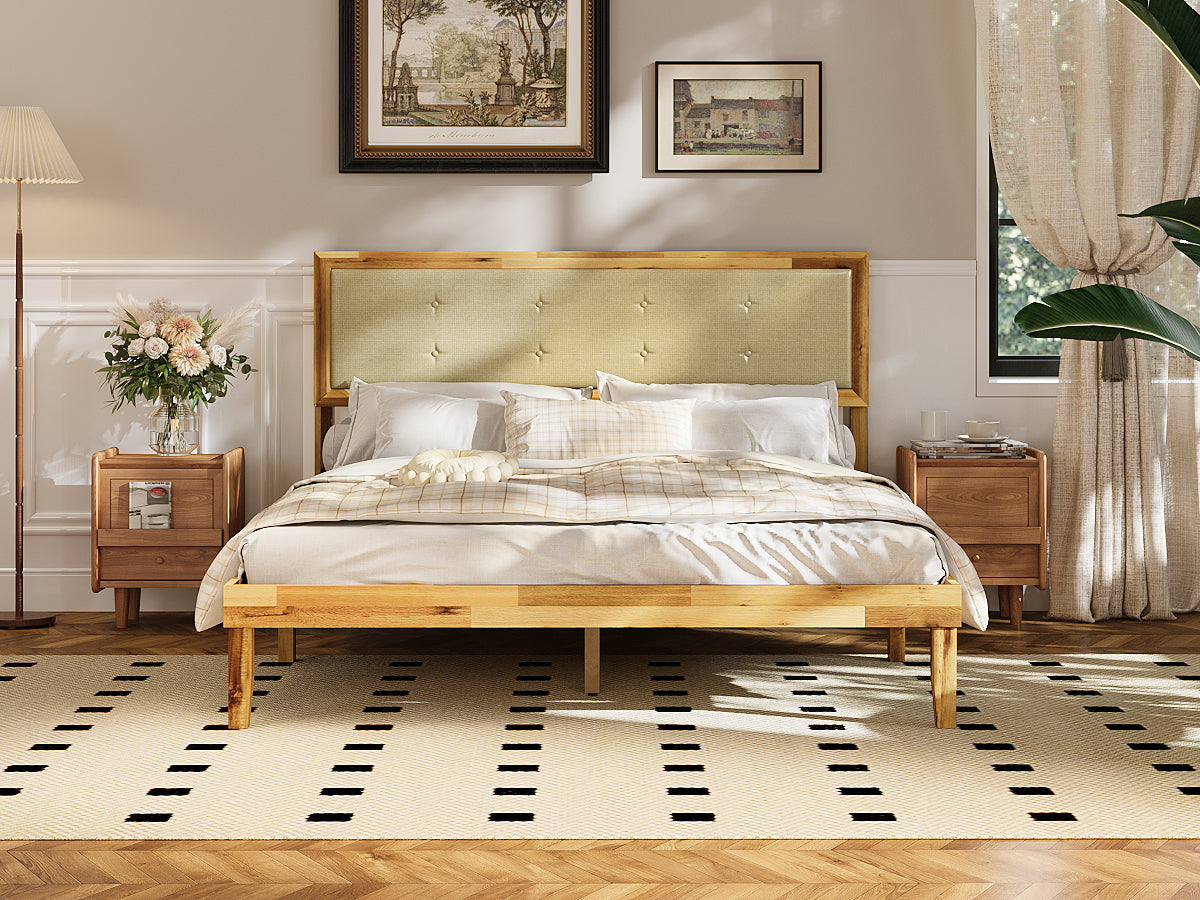 Oxylife Queen Size Bed Frame with Fabric Headboard,Upholstered Wood Platform Bed Frame,12 Slats,Natural, 82.2”L x 63”W x 41.1”H